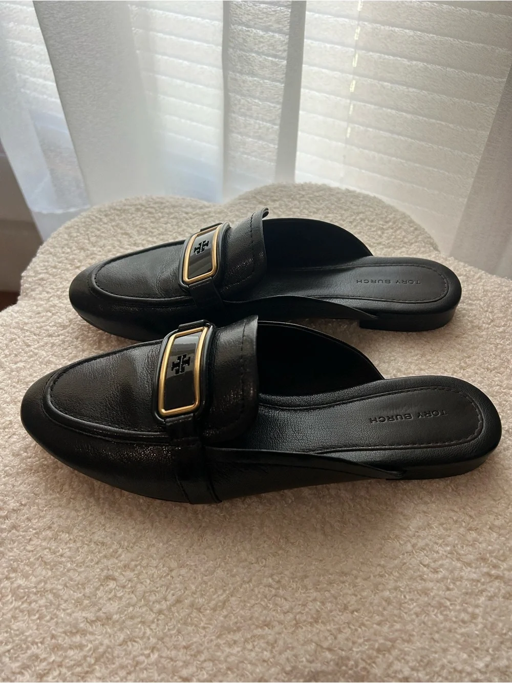 Tory Burch Black Leather Slip-On Mule with Gold Buckle